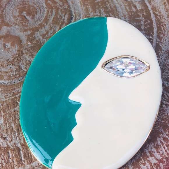 Vintage 1980s Lancetti Italy brooch moon enamel teal & white enamel - Picture 6 of 6